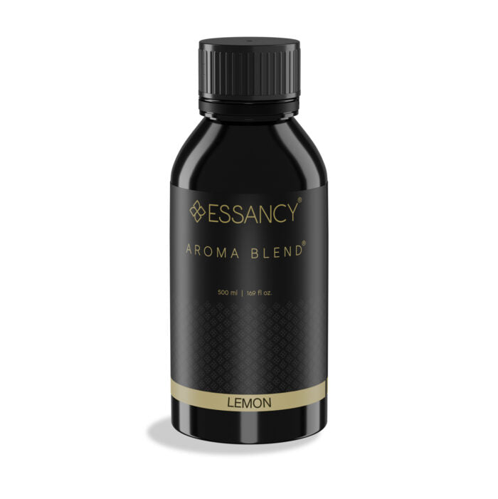 Black bottle of Essancy Aroma Blend Lemon on a white background