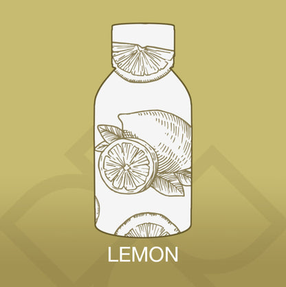 Illustration of a bottle with lemon slices on a gold background