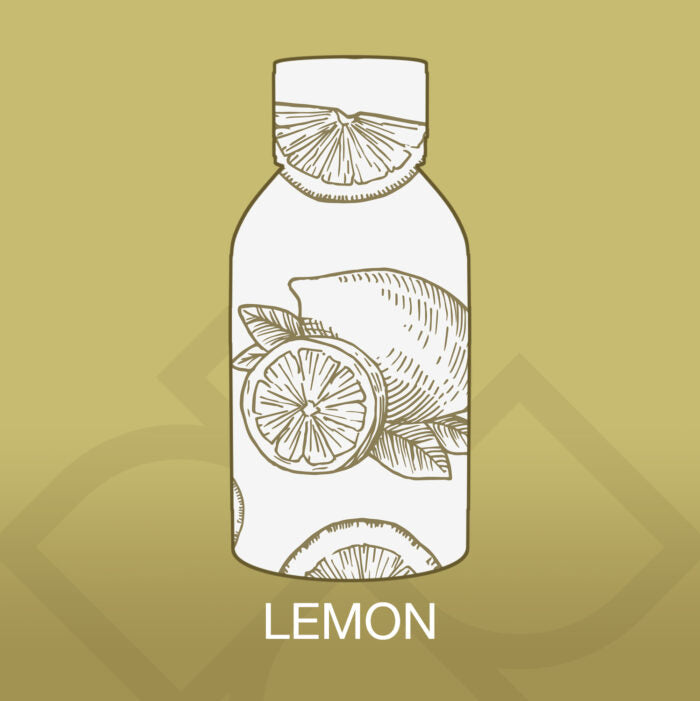 Illustration of a bottle with lemon slices on a gold background
