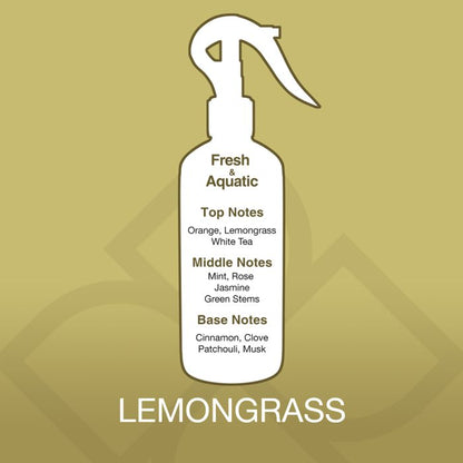 White spray bottle with lemongrass fragrance details on a gold background