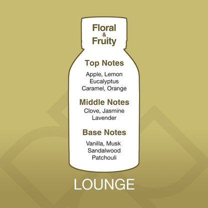 Bottle-shaped label with fragrance notes on a gold background