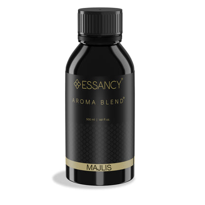 Black bottle of Essancy Aroma Blend Majlis on a white background