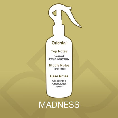 White spray bottle with fragrance notes on a gold background, featuring the brand 'MADNESS'.