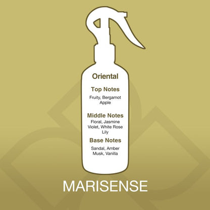 Spray bottle with oriental fragrance notes on a gold background, featuring the brand 'MARISENSE'.