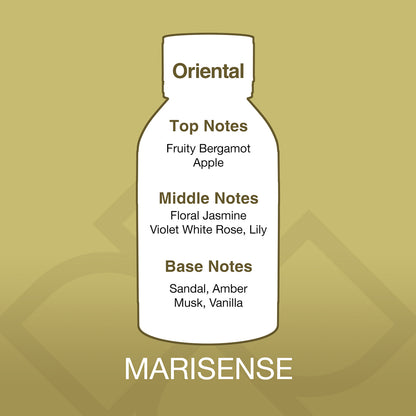 Diagram of a perfume bottle with notes on a gold background, featuring the brand 'MARISENSE'.