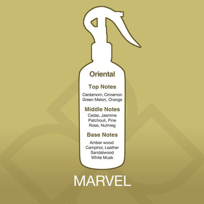 Spray bottle with fragrance notes on a gold background, featuring the brand 'Marvel'.