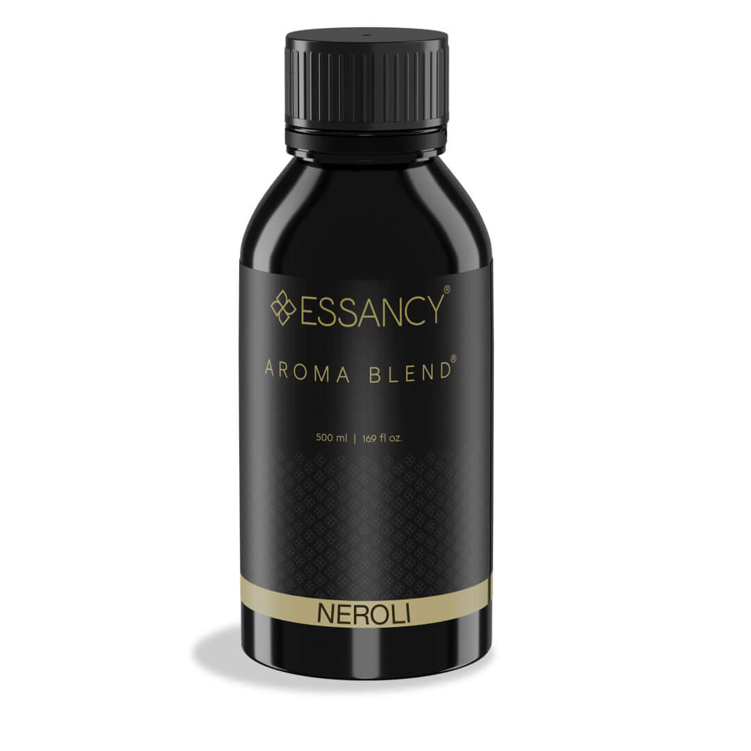 Black bottle of Essancy Aroma Blend Neroli on a white background