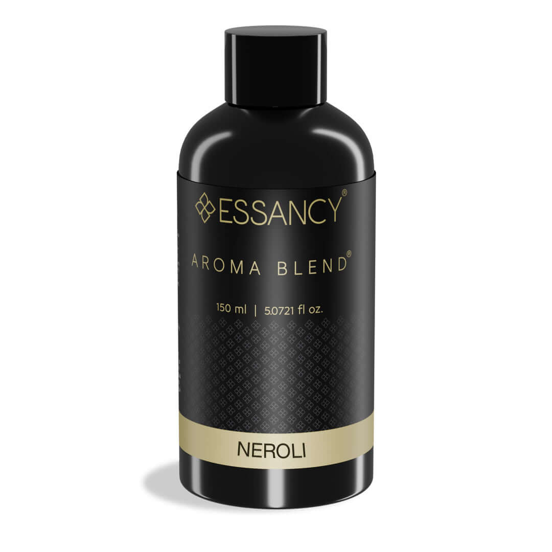Black bottle of Essancy Aroma Blend Neroli on a white background