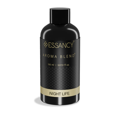 Black bottle of Essancy Aroma Blend Night Life on a white background