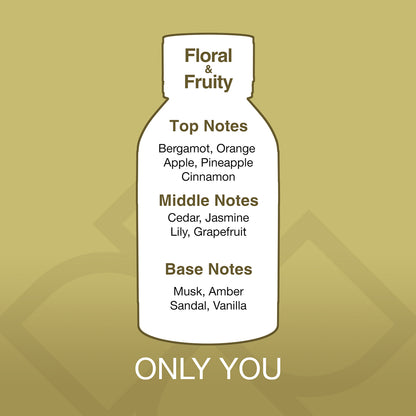 Bottle-shaped label with fragrance notes on a gold background