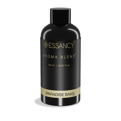 Black bottle of Essancy Aroma Blend Paradise Bake on a white background