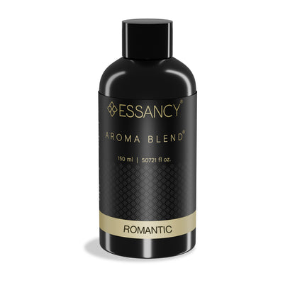 Black bottle of Essancy Aroma Blend Romantic on a white background