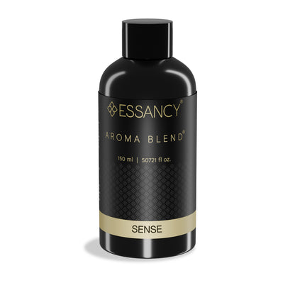 Black bottle of Essancy Aroma Blend Sense on a white background