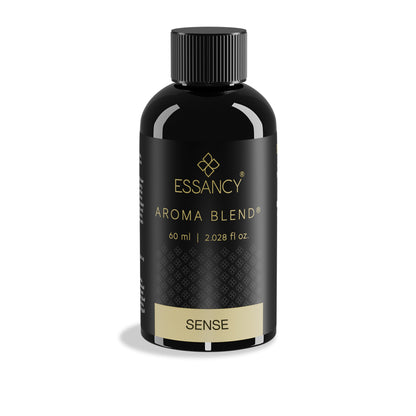 Black bottle of Essancy Aroma Blend on a white background