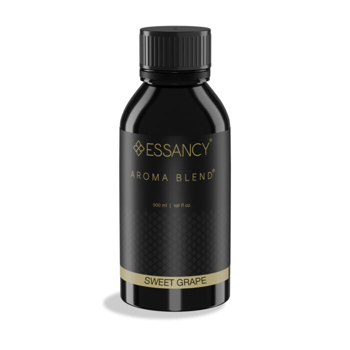 Black bottle of Essancy Sweet Grape aroma blend on a white background