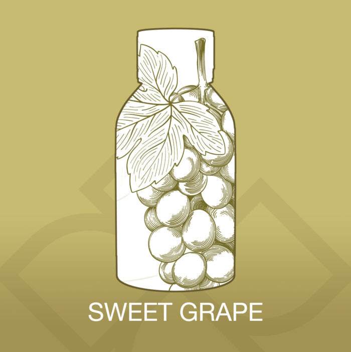 Illustration of a bottle with grapes on a gold background, labeled 'Sweet Grape'.