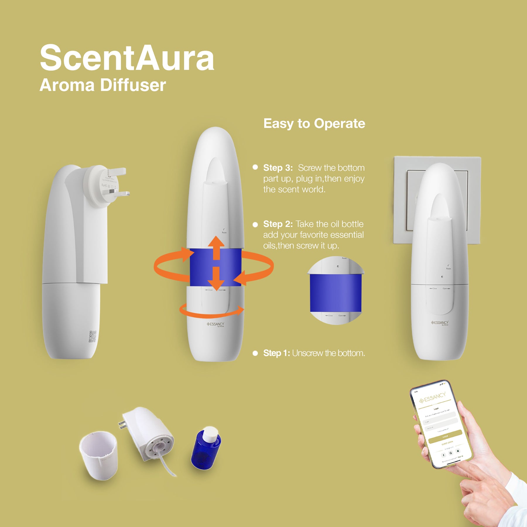 ScentAura Aroma Diffuser with assembly steps and smartphone app on a green background