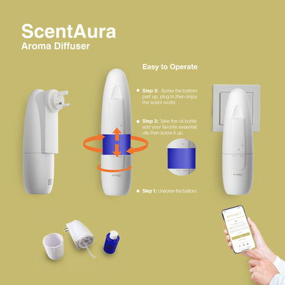 ScentAura Aroma Diffuser with assembly steps and smartphone app on a green background