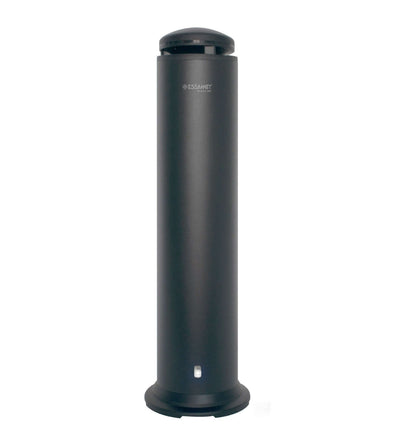 Black cylindrical object with a brand logo on a white background