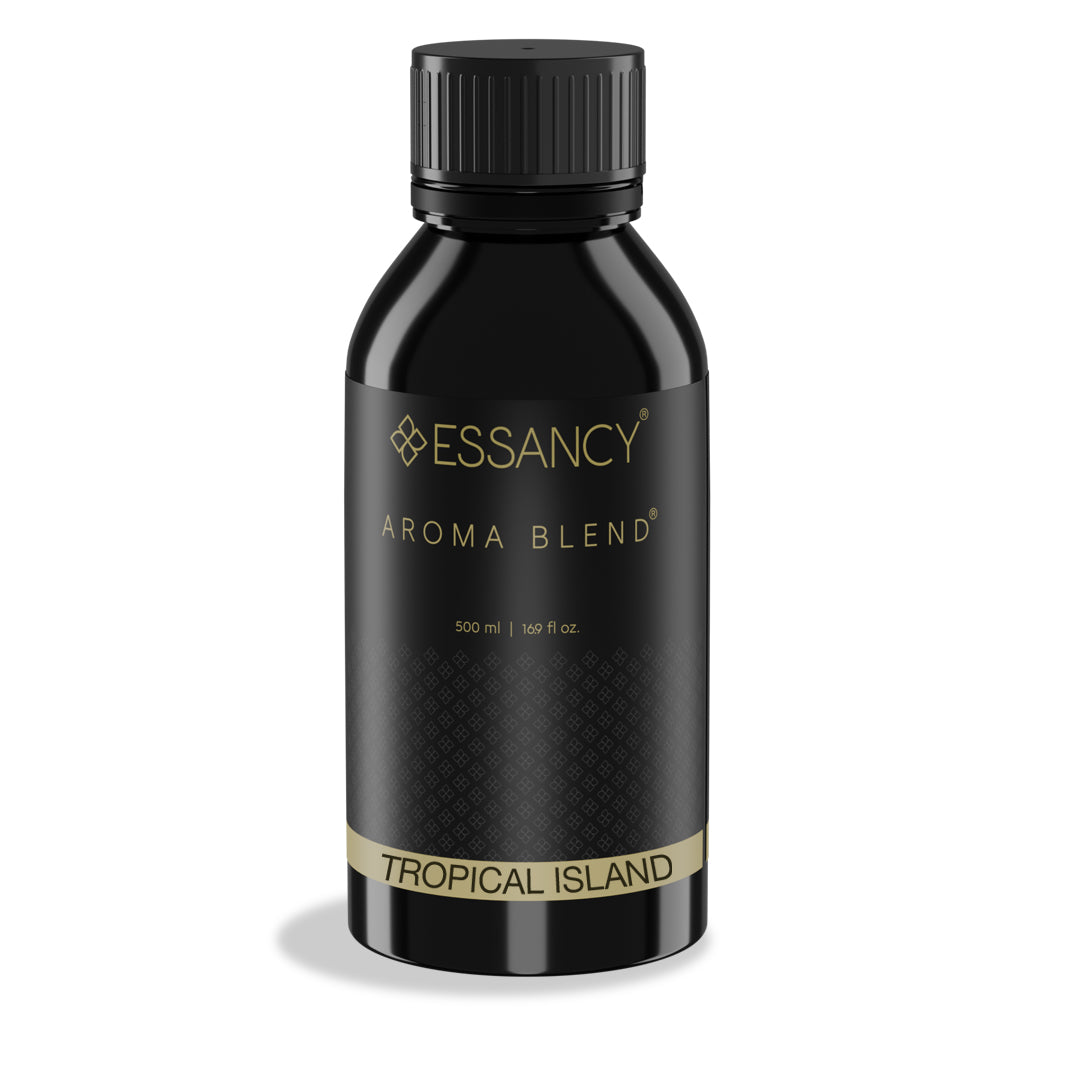 Black bottle of Essancy Aroma Blend Tropical Island on a white background