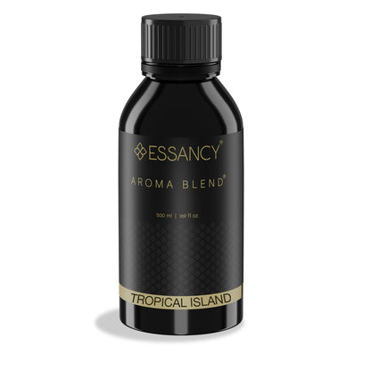 Black bottle of Essancy Aroma Blend Tropical Island on a white background