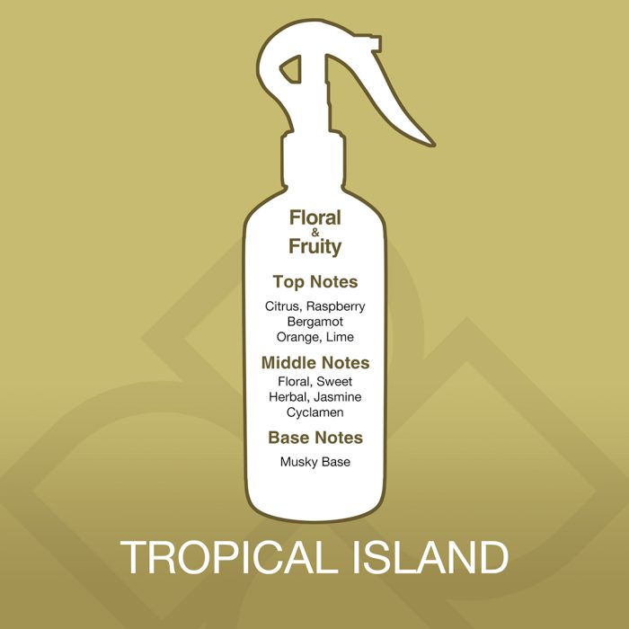 White spray bottle with fragrance notes on a gold background, labeled 'Tropical Island'.