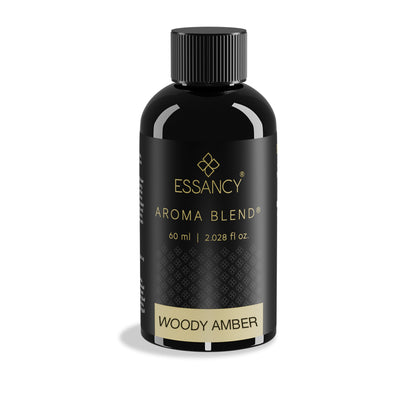 Essancy Aroma Blend bottle labeled 'Woody Amber' on a white background