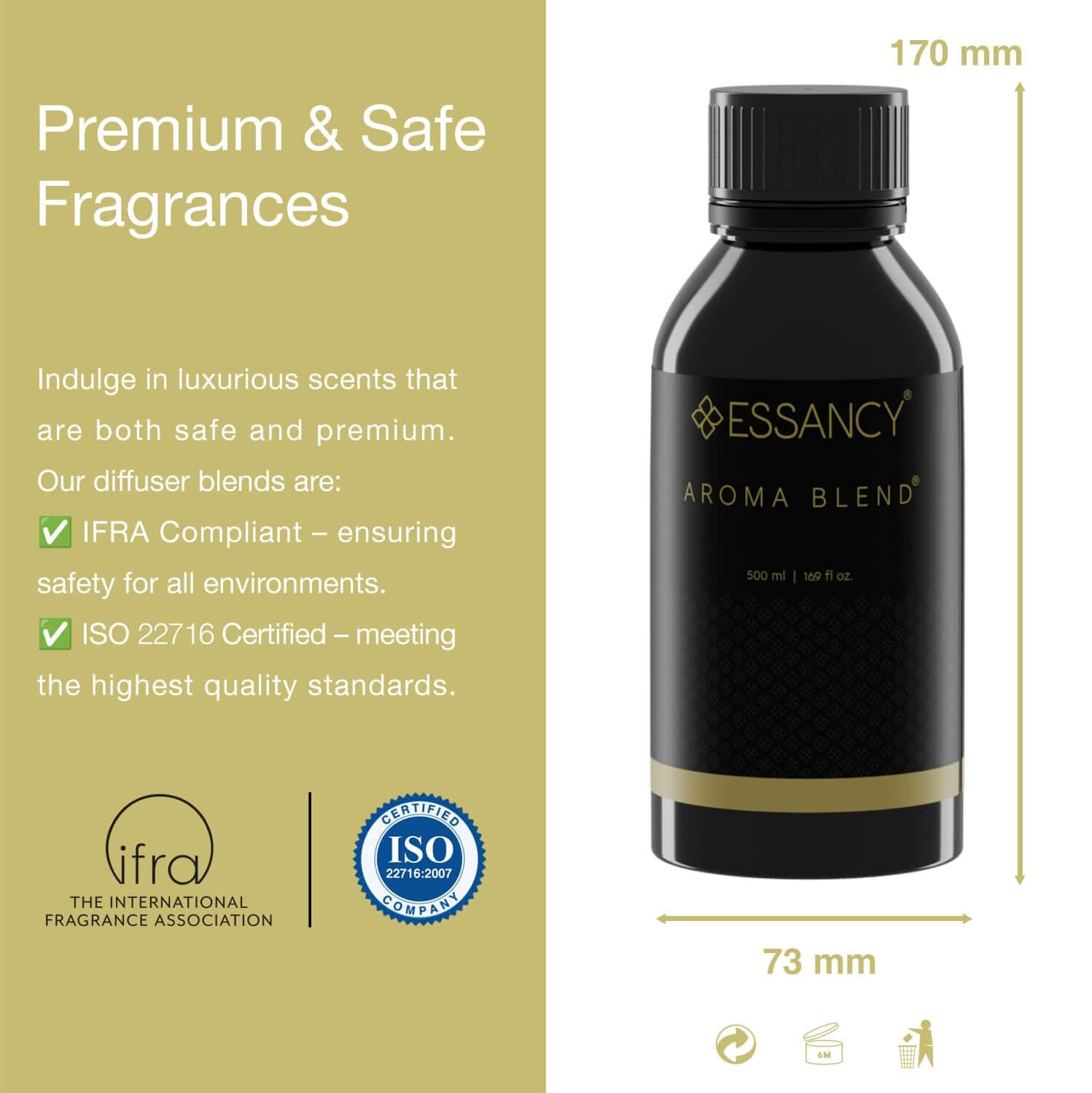 Black bottle of Essancy Aroma Blend with certification logos on a beige background