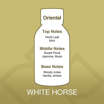 White bottle illustration with fragrance notes on a gold background, featuring the brand 'White Horse'.