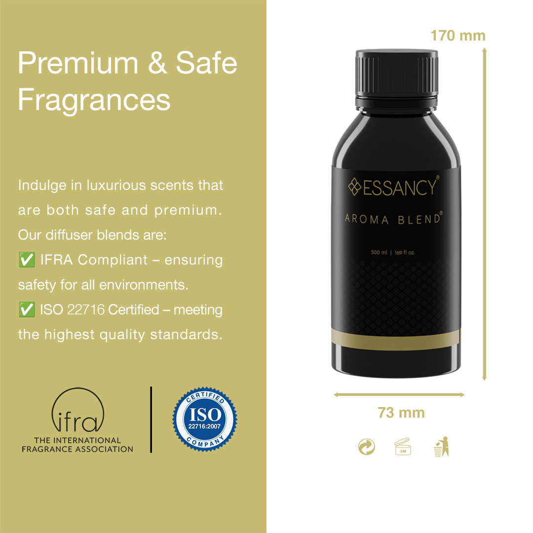 Essancy Aroma Blend bottle with certification logos on a beige background