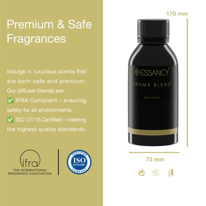 Black bottle of Essancy Aroma Blend with certification logos on a beige background
