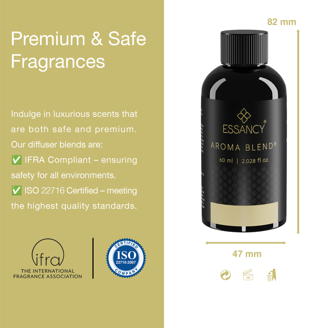 Essancy Aroma Blend bottle with certification logos on a beige background