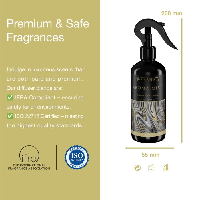 Essancy Aroma Mist bottle with product details on a beige background
