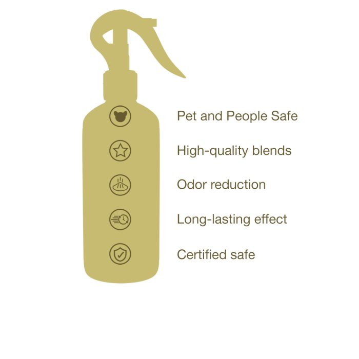 Gold spray bottle icon with features listed on a white background
