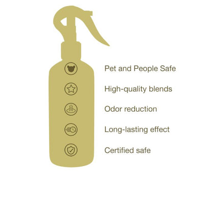 Gold spray bottle icon with features listed on a white background