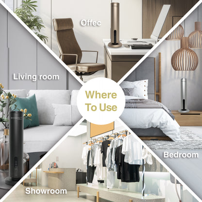 Collage of different rooms with furniture and decor, labeled 'Living room', 'Bedroom', 'Showroom', and 'Office'.