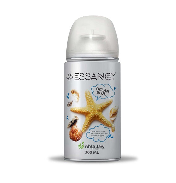Essancy Ocean Blue deodorant spray bottle with starfish and shell design on a white background