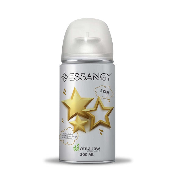 Essancy deodorant spray can with gold stars on a white background
