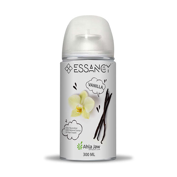 Essancy Vanilla deodorant bottle with orchid and vanilla bean graphics on a white background